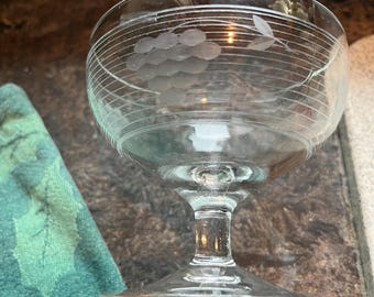 SET Antique etched glass dessert cups with grape design RARE set of 5
