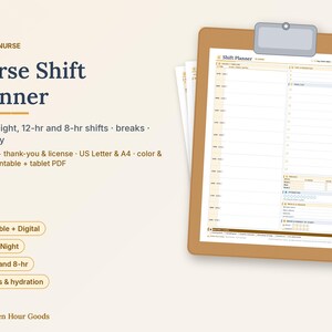 May include: A brown clipboard holding a Nurse Shift Planner document with sections for daily timelines, to-do lists, breaks, and hydration tracking. The text reads Every Nurse Nurse Shift Planner Day & Night 12-hr and 8-hr shifts.
