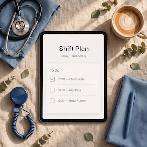 May include: A tablet displaying a Shift Plan for Wednesday, October 15, with a to-do list including check vitals, med pass, and break/lunch. Surrounding items include a stethoscope, a blue pen, blue scrubs, and a cup of coffee.