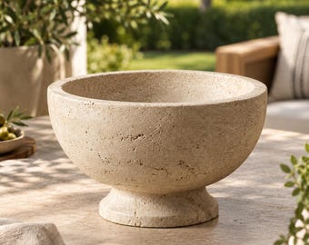 Bol de pedestal de travertino hecho a mano, frutero de piedra natural beige, centro de mesa minimalista, decoración moderna para mesa de centro, regalo de inauguración de casa