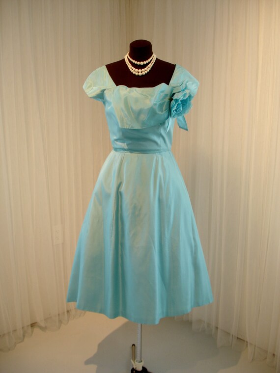 Reduced  1950 Teal Aqua Blue Emma Domb Taffeta Ro… - image 2