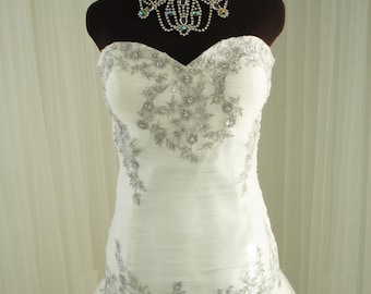 Strapless Sweetheart Platinum Silver Embroidered Wedding Dress with Laced Back and Rhinestones