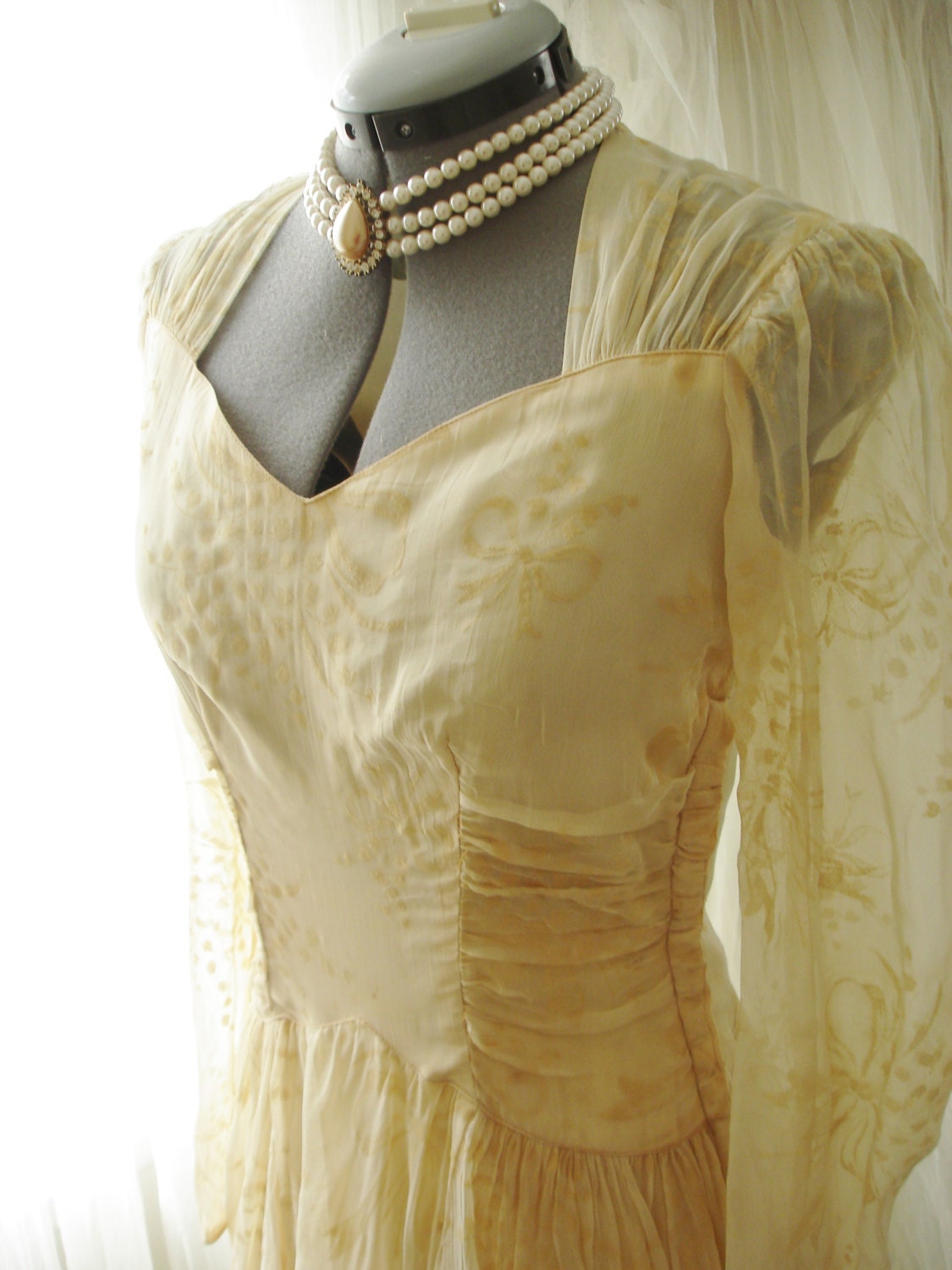 1940s vintage wedding bridal dress, Sheer white Long Sleeve fit flare full length gown