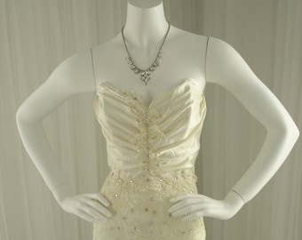 Vintage Beaded Lace and Studded Rhinestone Column Wedding Dress with Matching Lace Jacket