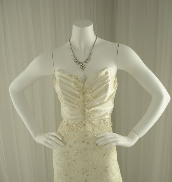 Vintage Beaded Lace and Studded Rhinestone Column Wedding Dress with Matching Lace Jacket