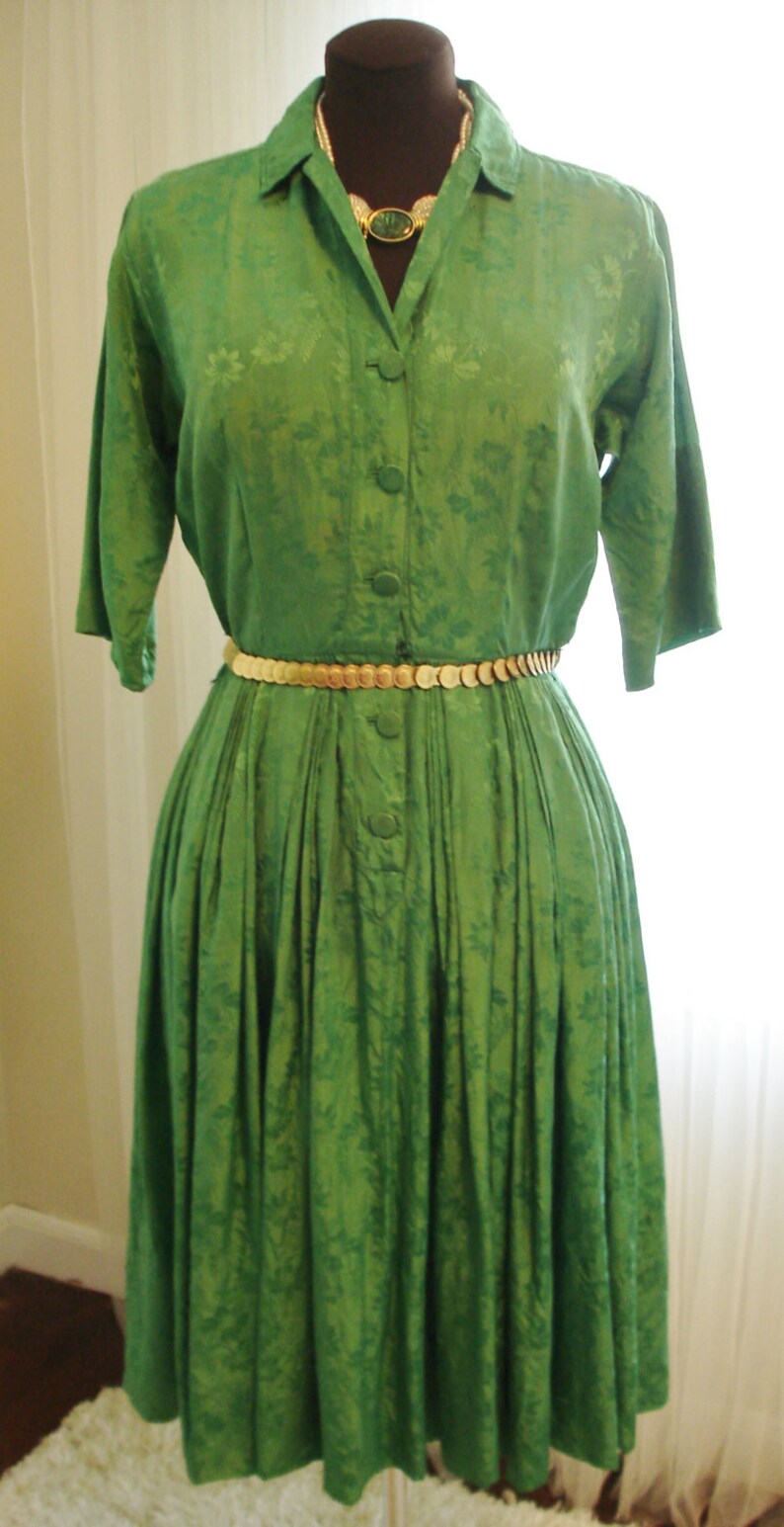 Emerald Green Silk Pleated Skirt Shirt Dress 39 bust image 2