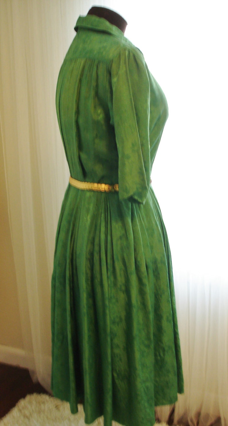 Emerald Green Silk Pleated Skirt Shirt Dress 39 bust image 3