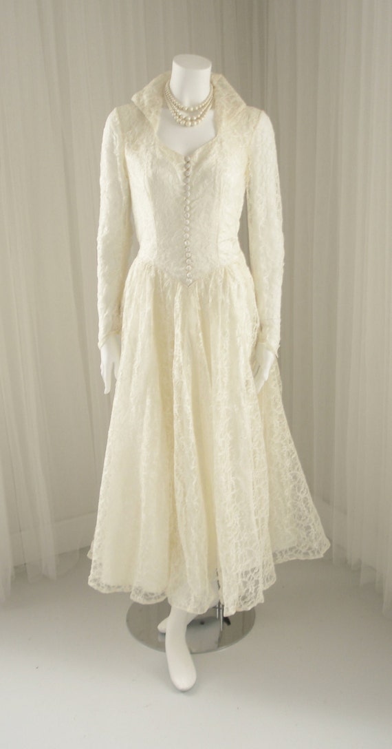 Retro 50s Tea Length Lace Wedding Dress with Cap Sleeves DV2058 main image 0