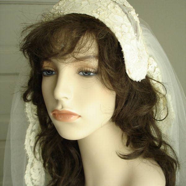 Priscilla of Boston Pearl Bead Lace Juliet Cap and Lace Trimmed Cathedral Veil in Antique