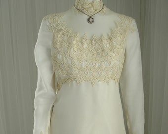 Vintage High Neckline William Cahill Wedding Gown in Double Chiffon and Satin with Lace Trimwork