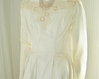 1940's Taffeta Bridal Wedding Gown with Beaded Lace, Full Train, and Added Bustle Detailing