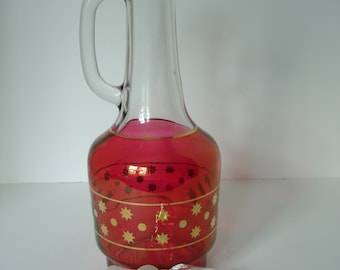 Mid Century Vintage Ruby Glass Decanter Trimmed in Pure Gold with Stopper