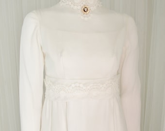 Vintage Mid Century High Neck Column Wedding Gown with Belt and Detachable Train