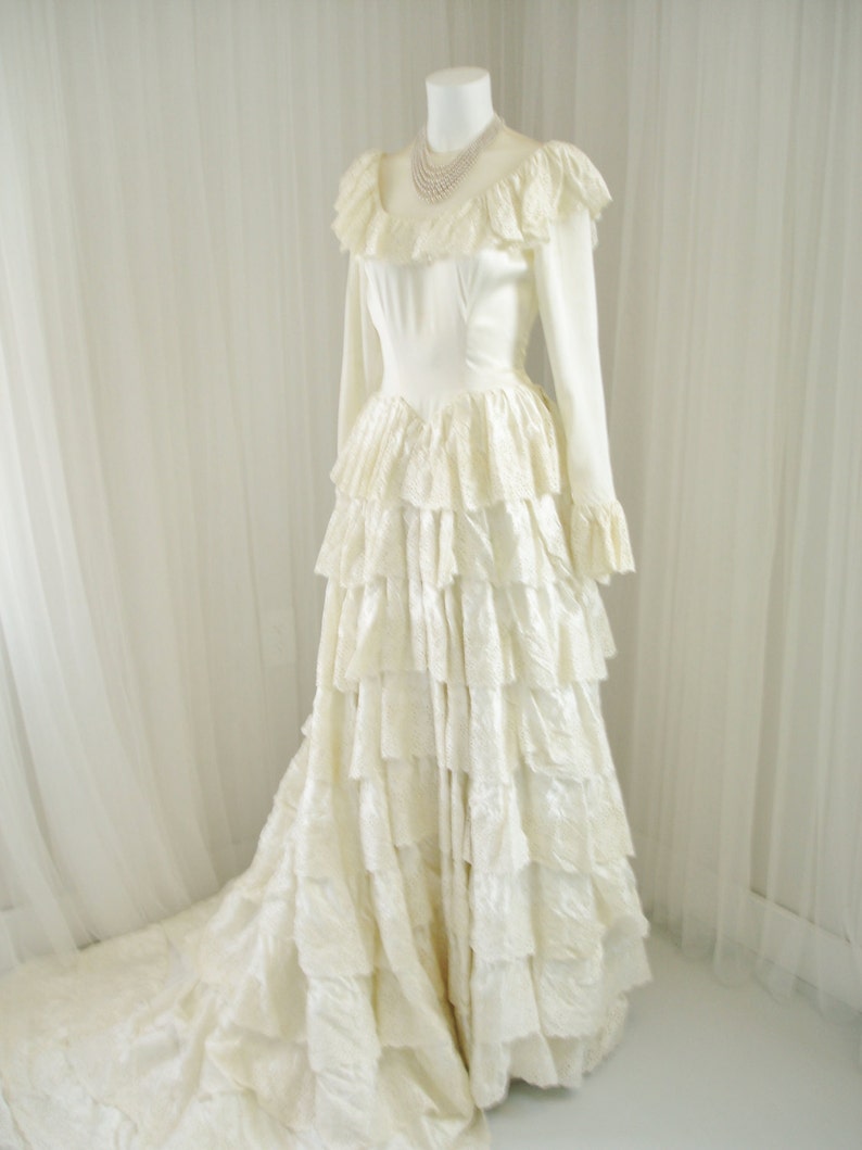 1940s vintage wedding dress, shimmering white satin tea length bridal ball gown