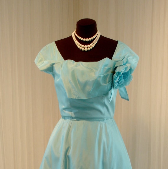 Reduced  1950 Teal Aqua Blue Emma Domb Taffeta Ro… - image 1