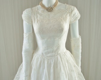 1950 White Wedding Peplum Dress with Ballgown Skirt and Caplets in Unique Linen Chiffon