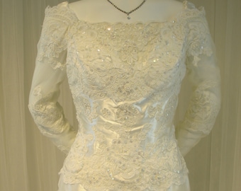 Beaded Lace and Sequin adorned Vintage Short Satin Off Shoulder Wedding Dress