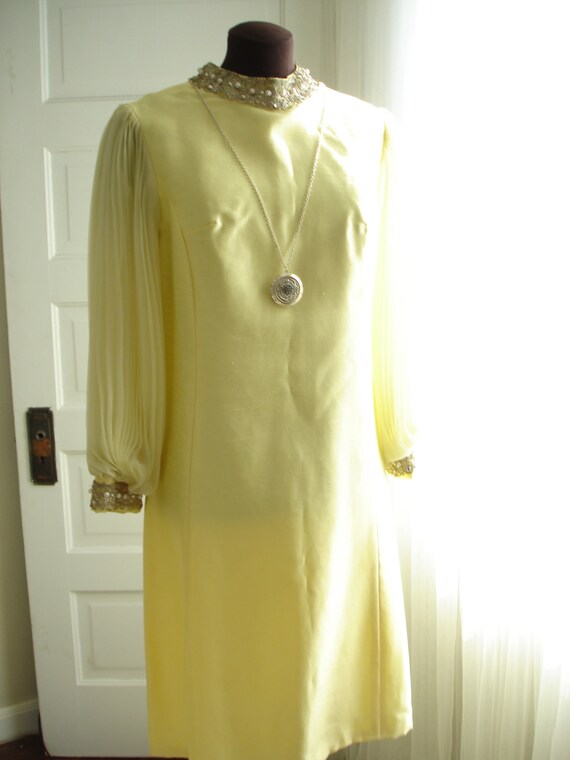 Lemon Creme Pleated Chiffon Sleeve 1960 Dress wit… - image 3