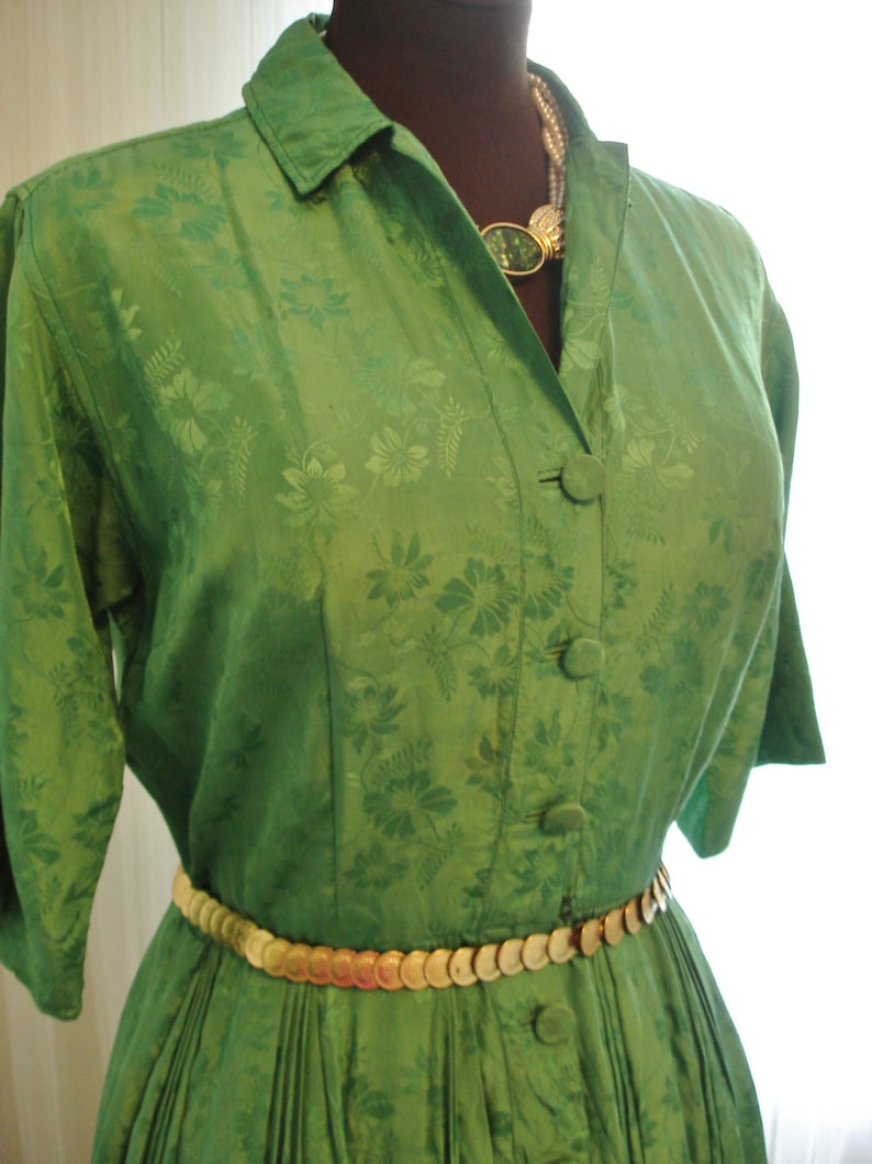 Emerald Green Silk Pleated Skirt Shirt Dress 39 bust image 1