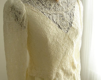 Ivory Satin Wedding Gown with Lace Overlay Modest Bodice and Matching Lace Applique Along Hemline