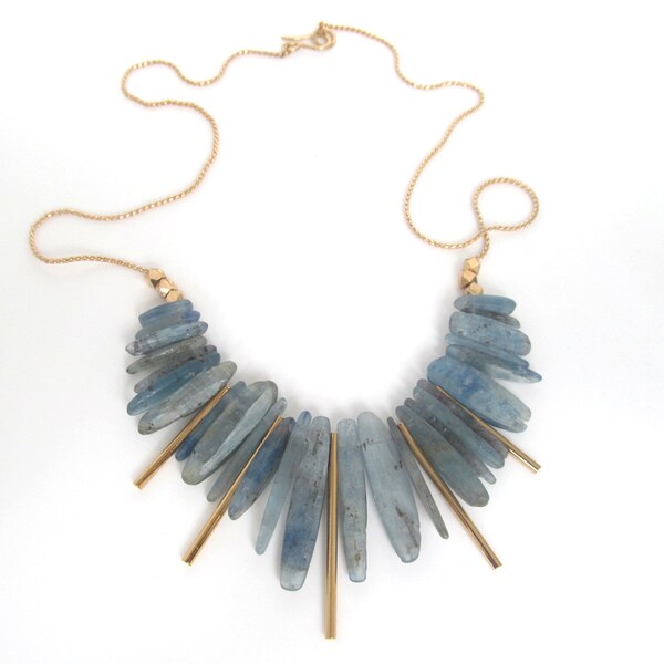 KYANITE STATEMENT NECKLACE: 24 inch Kyanite Statement Necklace / Vintage Gold Dipped Chain / Handmade Clasp