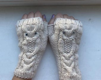 Handmade Wool Fingerless Gloves with Owl Design Cream Knitted Wrist Warmers Cozy Winter Mittens Gift