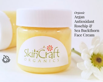 Organic Face Cream Moisturizer - Natural Skin Care Lotion for Aging, Dry Skin, Wrinkles - Shea, Argan, Rosehip & Sea Buckthorn - 1 oz