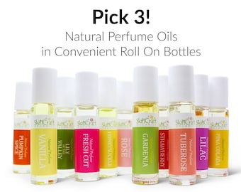 Elija 3 aceites de perfume en botellas roll-on hechos con aceites esenciales y fragancias naturales - 30 aromas - Regalo de cumpleaños para ella - .35 oz / 10 ml