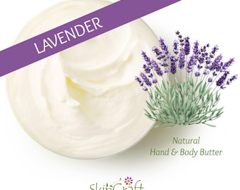 May include: A white jar of lavender-scented hand and body butter with a purple ribbon and a sprig of lavender flowers. The jar is labeled "Natural Hand & Body Butter" and "SkinCraft Organics".