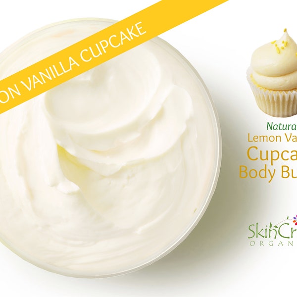 Natural Lemon Vanilla Body Butter Moisturizer for Dry Skin - Organic Whipped Shea Hand & Body Cream Lotion w/ Cupcake Scent - Gift for Women