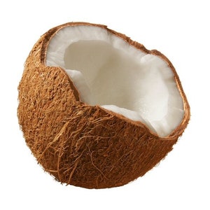 May include: A brown coconut with a portion of the shell removed, revealing the white coconut flesh inside.