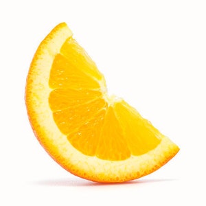 May include: A slice of orange fruit with a bright yellow interior and an orange peel. The slice is isolated on a white background.