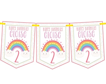 Empavesado de cumpleaños personalizado del arco iris, pancarta de fiesta de cumpleaños para niños, guirnalda, DESCUENTOS MULTICOMPRA de cualquier edad