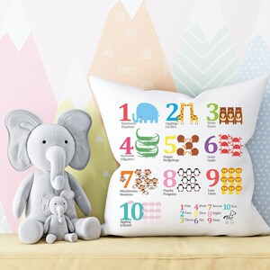 K&ouml;nnte beinhalten: Ein wei&szlig;es Kissen mit bunten Zahlen und Tierillustrationen. Die Zahlen reichen von 1 bis 10, und jede Zahl ist mit einem Tier gepaart. Die Tiere sind ein Elefant, eine Giraffe, ein B&auml;r, ein Alligator, ein Igel, eine Krabbe, ein Affe, ein Pinguin, ein L&ouml;we und eine Qualle. Das Kissen hat auch die Zahlen von eins bis zehn unter den Illustrationen ausgeschrieben.
