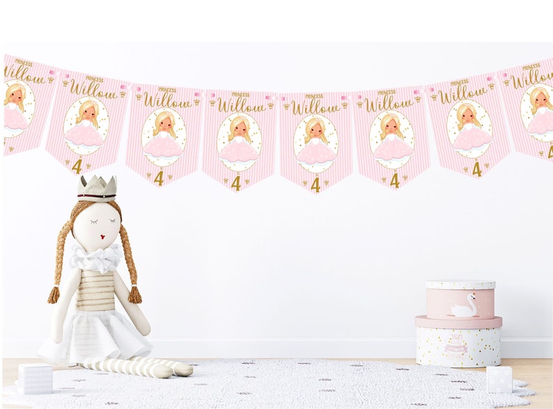Prinzessin Geburtstag Wimpelkette, personalisierte Kindergeburtstagsparty Banner, Girlande, Auswahl an Haarfarben-MULTIBUY DISKONTEN Bild 9