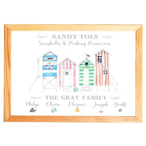 A4 Personalised Beach Huts Print,Family Name Print,New Home, Housewarming Gift,Summer Holidays,Beach & Seaside Decor