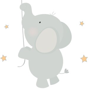 May include: A gray elephant holding a string with a star at the end. The elephant is surrounded by yellow stars.
