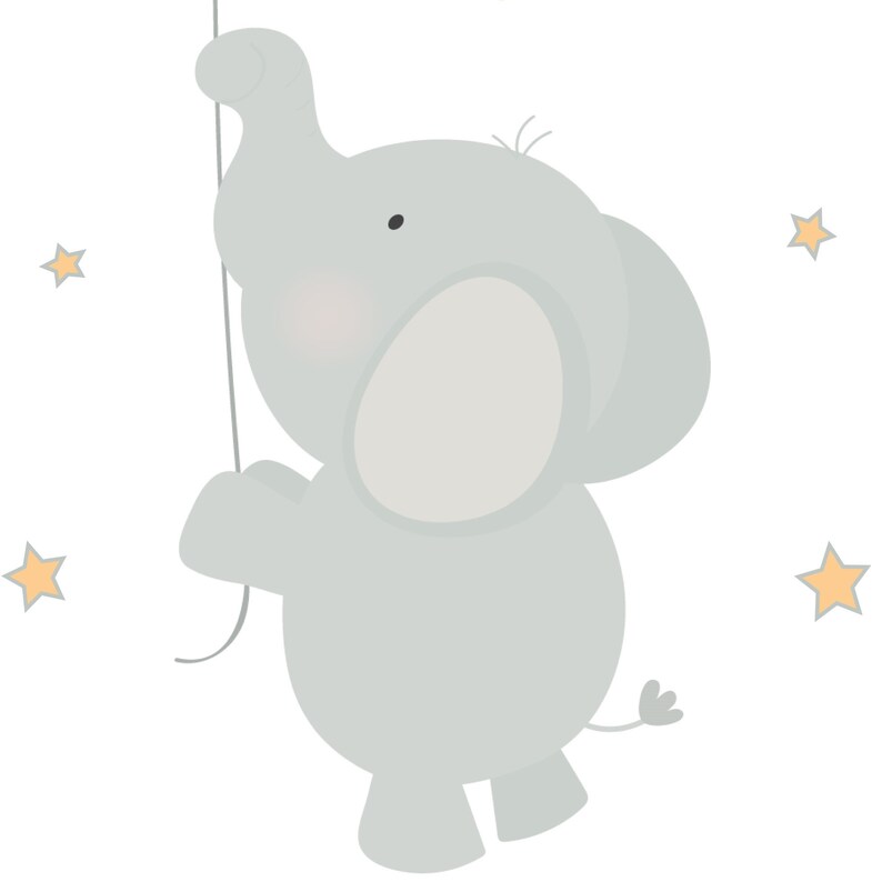May include: A gray elephant holding a string with a star at the end. The elephant is surrounded by yellow stars.