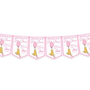 Puede incluir: Una guirnalda rosa para un baby shower, con el texto "JESSICA'S Baby Shower". Cada bander&iacute;n presenta un globo rosa y una ilustraci&oacute;n de Winnie the Pooh. La guirnalda est&aacute; ensartada en una cinta rosa.