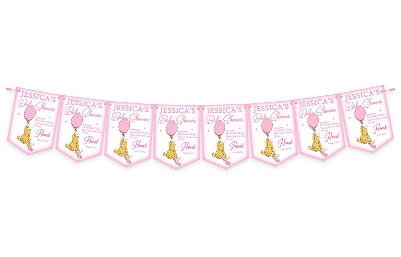 Puede incluir: Una guirnalda rosa para un baby shower, con el texto "JESSICA'S Baby Shower". Cada bander&iacute;n presenta un globo rosa y una ilustraci&oacute;n de Winnie the Pooh. La guirnalda est&aacute; ensartada en una cinta rosa.