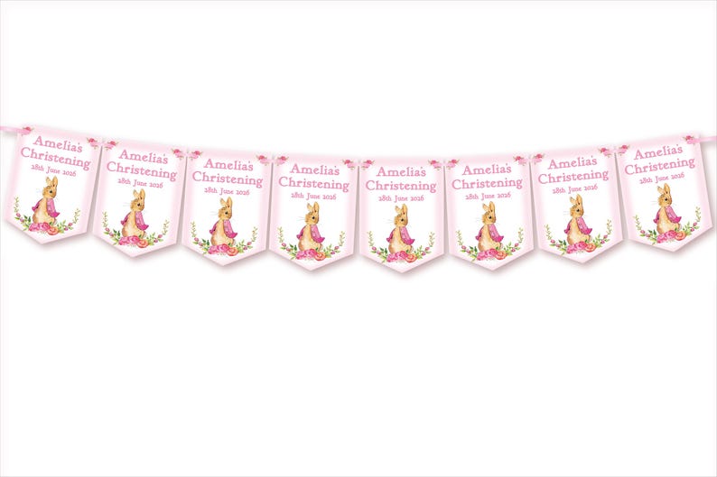 Pink Personalised Girls Christening ,Baptism Day Decoration,Bunting,Banner,Peter Rabbit,MULTIBUY DISCOUNTS image 3