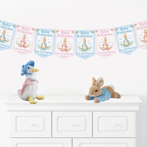 May include: A baby shower banner with pink and blue flags that say "Baby Robinson Can Anybunny Guess?" with a Peter Rabbit and a Jemima Puddle-Duck plush toy on a white dresser.