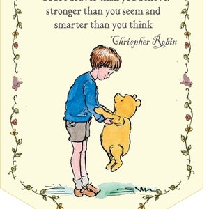 May include: A yellow and brown cartoon bear is being held up by a boy with brown hair. The boy is wearing a blue shirt and brown shorts. The image is surrounded by a decorative border of green vines and flowers. The text reads "You're braver than you believe, stronger than you seem and smarter than you think. Christopher Robin."