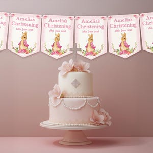 Pink Personalised Girls Christening ,Baptism Day Decoration,Bunting,Banner,Peter Rabbit,MULTIBUY DISCOUNTS image 1