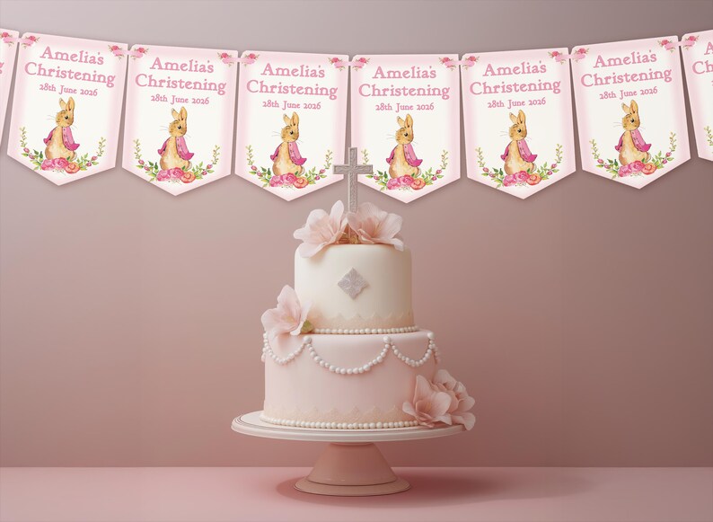 Pink Personalised Girls Christening ,Baptism Day Decoration,Bunting,Banner,Peter Rabbit,MULTIBUY DISCOUNTS image 1