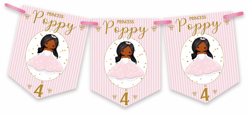 Prinzessin Geburtstag Wimpelkette, personalisierte Kindergeburtstagsparty Banner, Girlande, Auswahl an Haarfarben-MULTIBUY DISKONTEN Bild 2