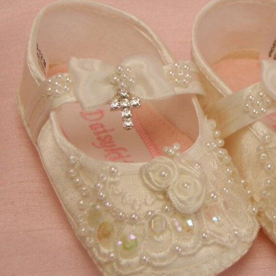 Baby shoes girls christening beaded with diamante cross ivory | Etsy