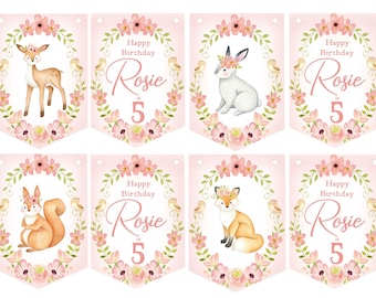 Banderines de cumpleaños personalizados con animales del bosque, pancarta para fiesta de cumpleaños para niñas, DESCUENTOS EN MULTICOMPRA