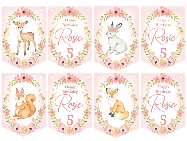 Op de afbeelding: Zes roze en groene bloemenbanners met illustraties van bosdieren. Elke banner zegt "Happy Birthday Rosie is 5". De dieren zijn een hert, een konijn, een eekhoorn en een vos.