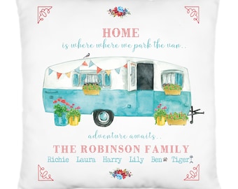 Personalised Caravan Cushion,Cushion Cover,Pillow,Family Holiday,40cms Square,With or Without Cushion Pad